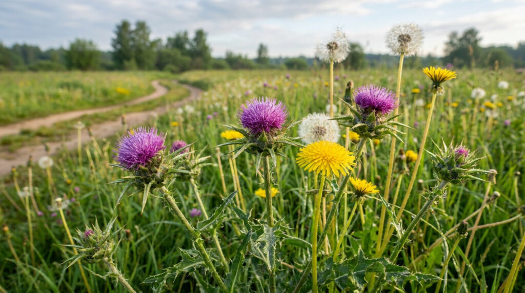 Un champ fleuri avec des fleurs de chardon-marie violettes et des pissenlits jaunes sous un ciel nuageux.