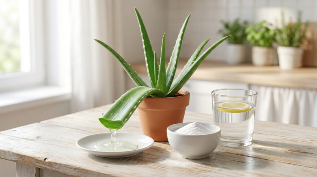 Aloe vera, verre d'eau citronnée et bol de bicarbonate de soude sur une table de cuisine lumineuse.