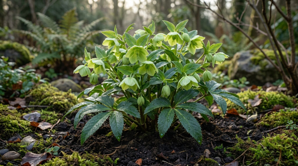 Un hellébore corse avec des fleurs vert pâle en cloche au centre d'un jardin ombragé avec de la mousse.