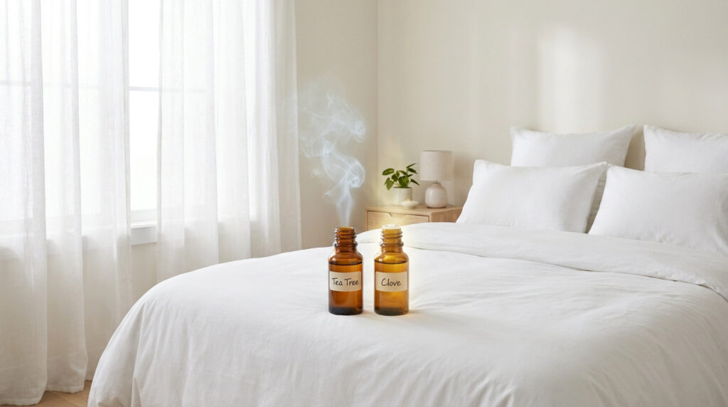 Deux flacons d'huiles essentielles Tea Tree et Clove posés sur un lit blanc avec de la fumée s'en échappant.