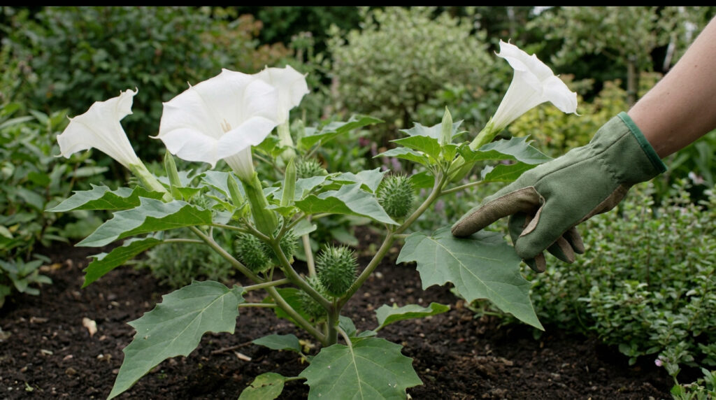 Une main gantée montre une feuille de datura avec ses fleurs blanches et ses fruits épineux dans un jardin.