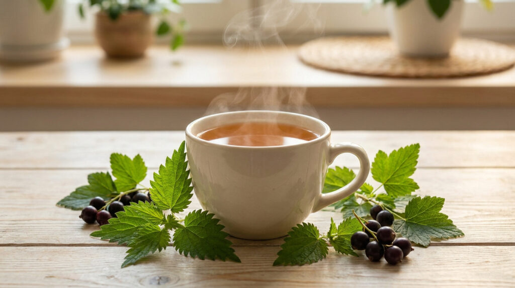 Une tasse de thé fumante entourée de feuilles d'ortie et de cassis sur une table en bois.