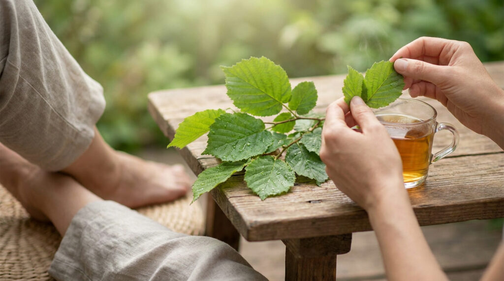 Une personne tient des feuilles de noisetier au-dessus d'une tasse de tisane fumante sur une table en bois rustique.